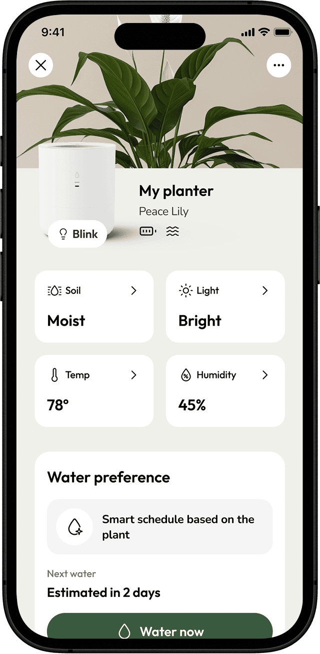 LeafyPod mobile app showing plant care metrics